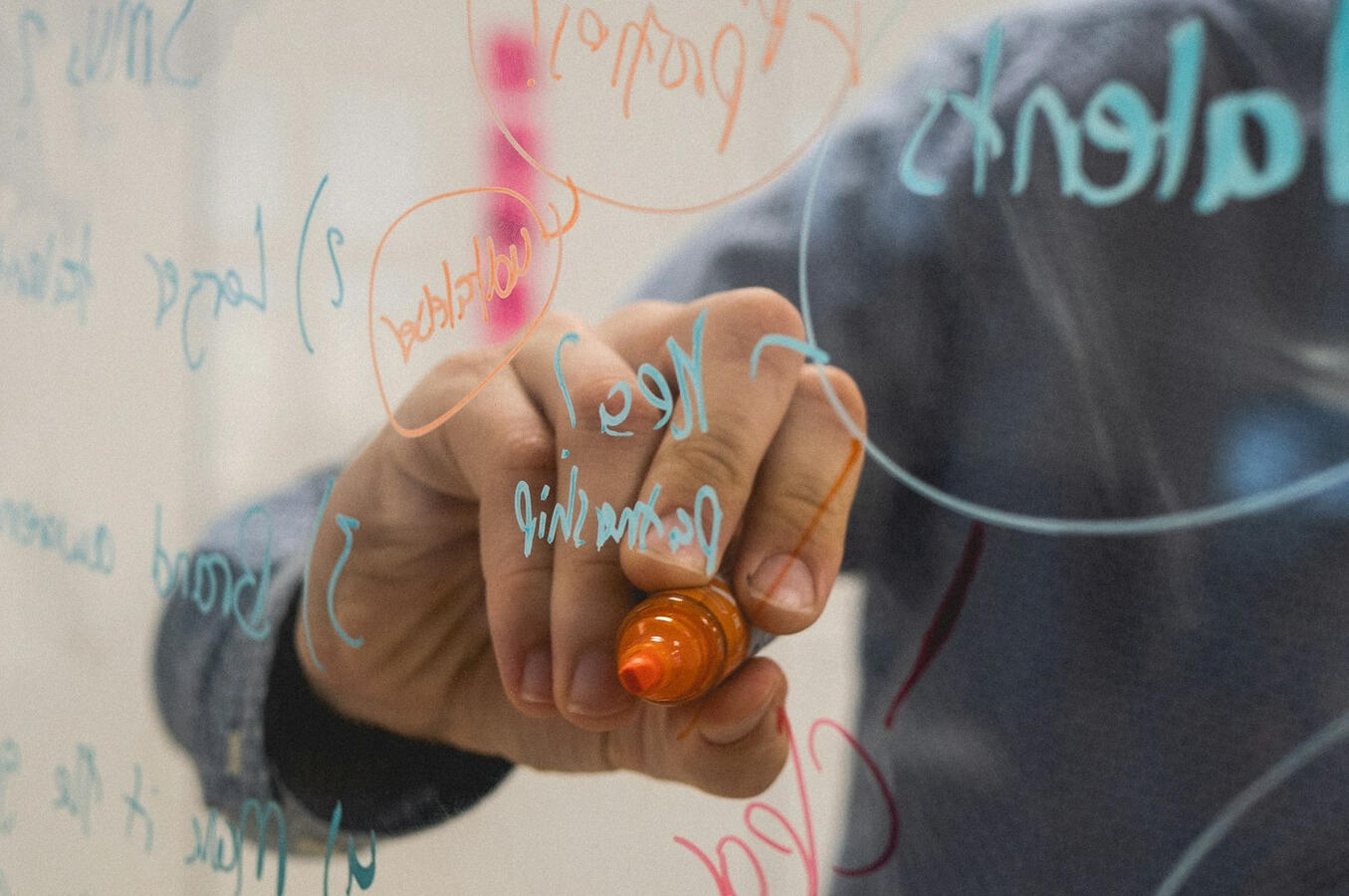 A professional brainstorming on a transparent board